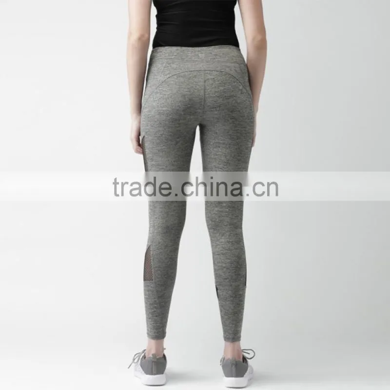 Women Wearing Grey Melange Net Panelled Tights Seamless Yoga Pants