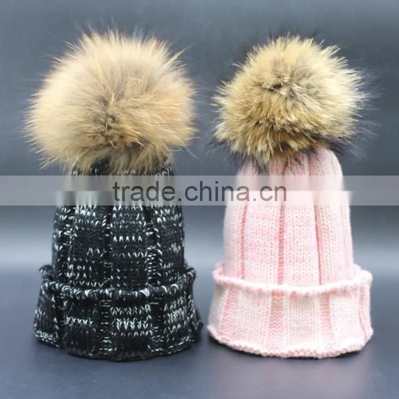 Factory supply 2016 thicken woman knited beanie hat with large size 15 cm raccoon fur poms Wool Caps