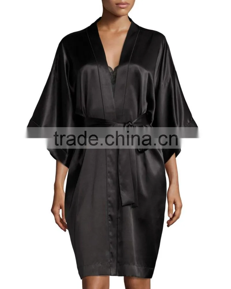 Contrast-Trimmed silk kimono robes night gown satin bathrobe