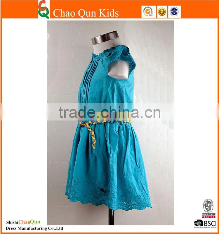 2017 baby girl latest fashion hemstich embroidered sundresses with belt for girls wholesale