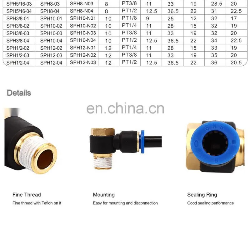 SNS SPH Series pneumatic 90 degree elbow male thread push to connect pipe fittings quick tube joints