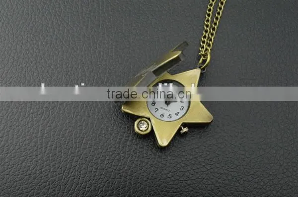 Kids lucky star pocket watch with mental key chain/necklace chain assorted patterns