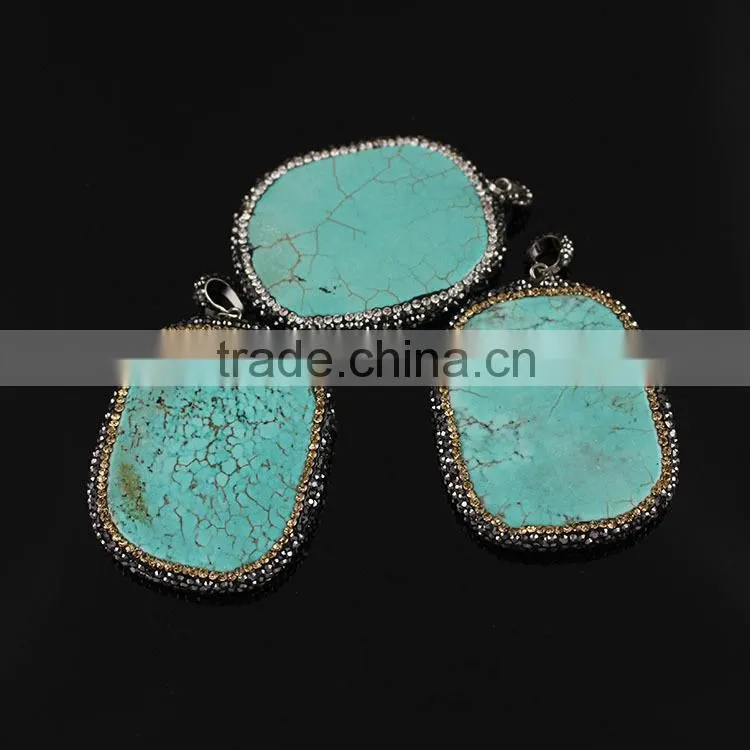 JF6882 Fashion crystal pave freefrom turquoise slab slice pendants