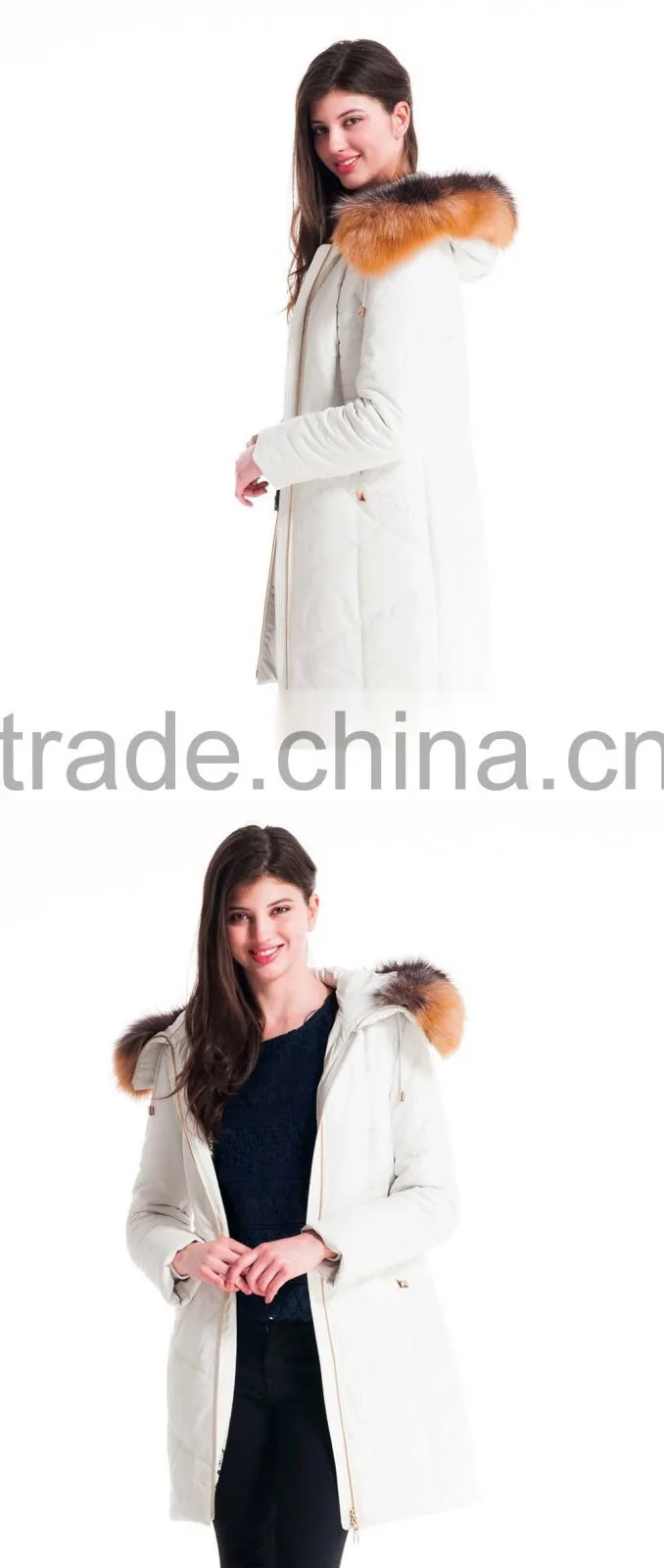 Winter Women Medium Length Slim Cut Coat With Brown Fox Hat Overcoat