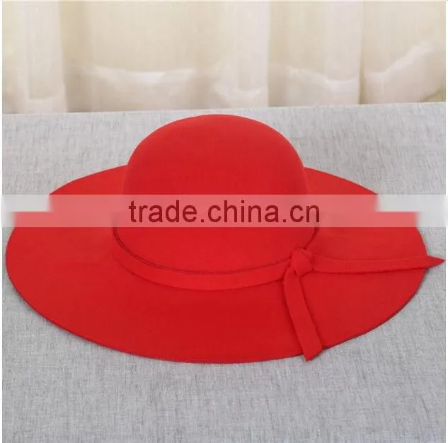 Autumn wide brim cheap fedora New 100% wool smooth women's cap hats with Ribbon bowknot