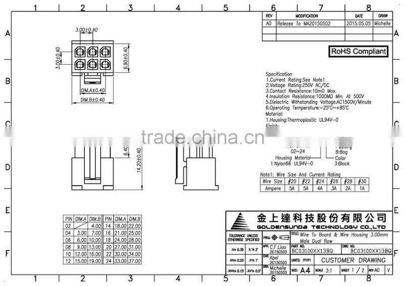 Wire to Wire Connector Housing male pitch 3.0mm dual row circuits : 02 - 24 pins