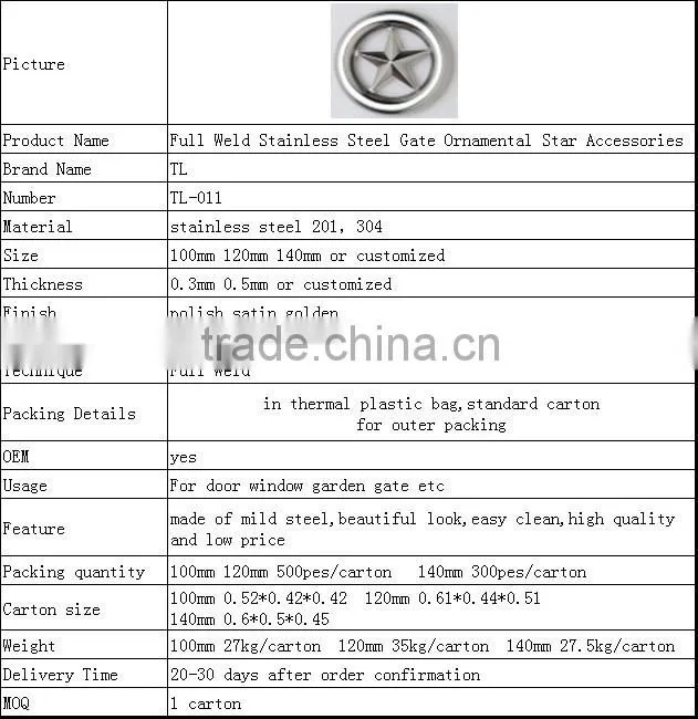 Weld Stainless Steel Gate Ornamental Star Accessories