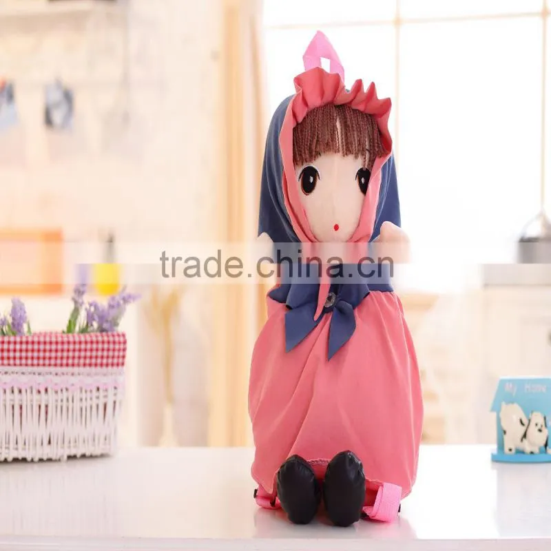 55cm beautiful customized beige stuffed plush Phil doll backpack with brown windbreak&pink hood
