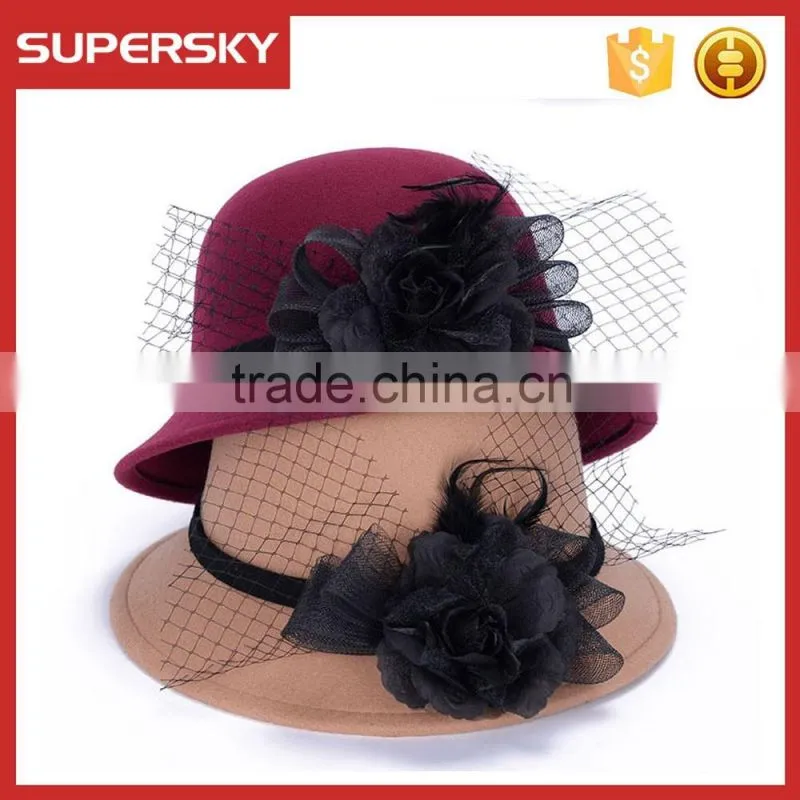 K-108 ladies formal hats with flower charm band wool felt bucket high quality women lace trim homburg