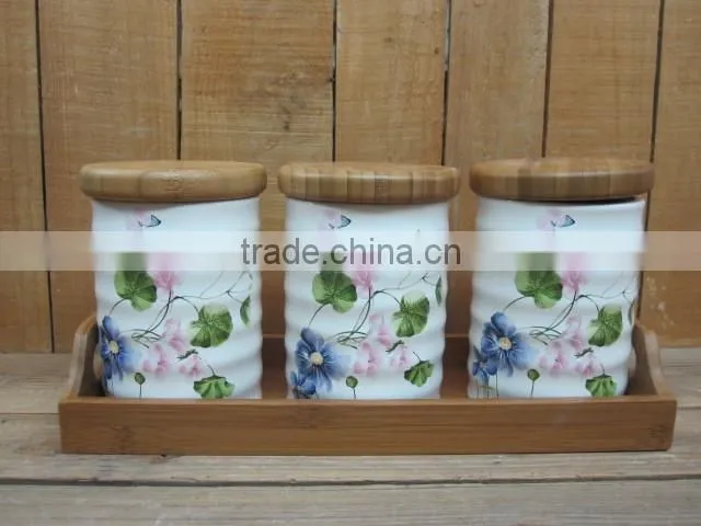 New lavender design ceramic food storage jars with wood cover