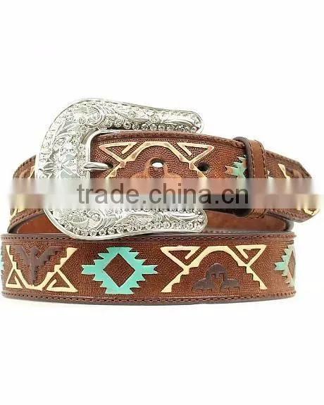 Western cowgirl brown leather belt thunderbolt embossed belts