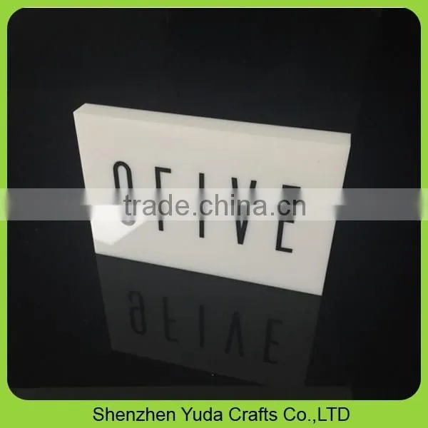 Glossy black plexiglass logo display stand, acrylic block with aluminium logo plaque, custom made good quality logo acrylic
