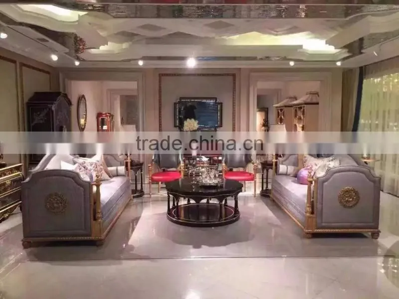 Luxury solid wood frame exquisite golden hand carving special light purple genuine leather living room sofa set