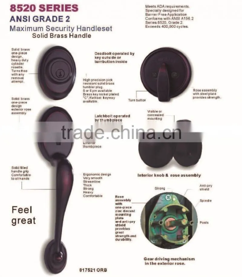ANSI Grade 2 Zinc Lever Handleset Door Handle Lock Set For Bedroom