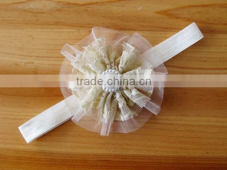 lace flower headband with pearl rhinestone in center for kids hair accessories