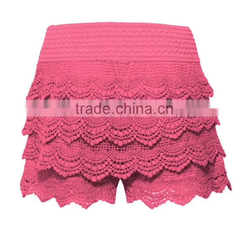 Women's Elastic Waist Lined Crochet Lace Scallop Hem Casual Mini summer shorts