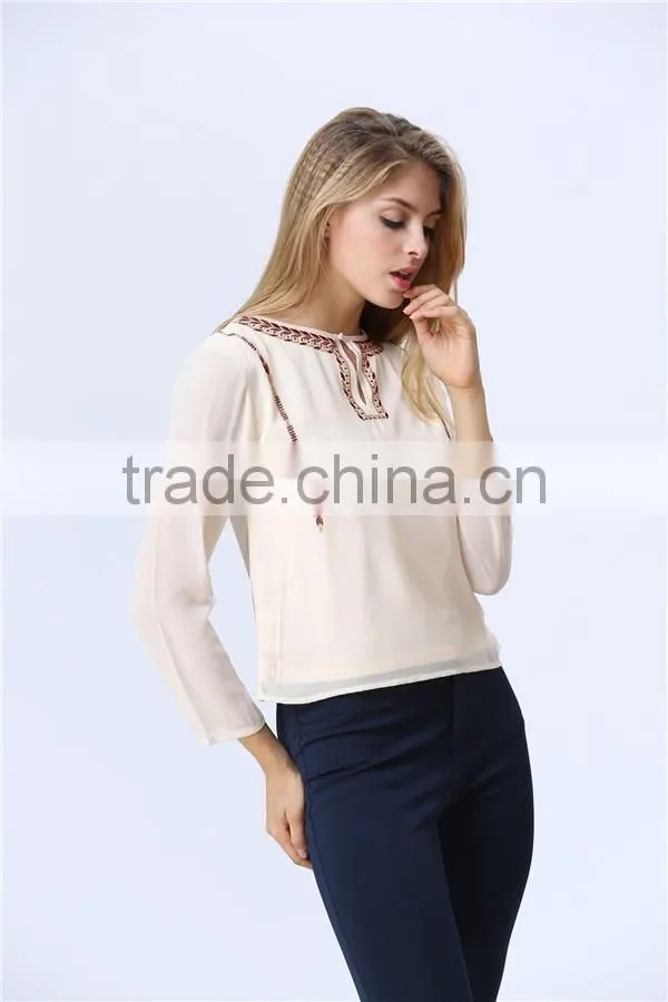 Latest top fashion design casual lady embroidery blouse