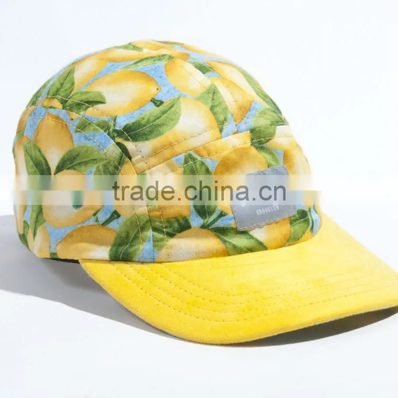 Fruit printed 5 panel cap curved brim sports hat stylish custom 5 panel promotional cap