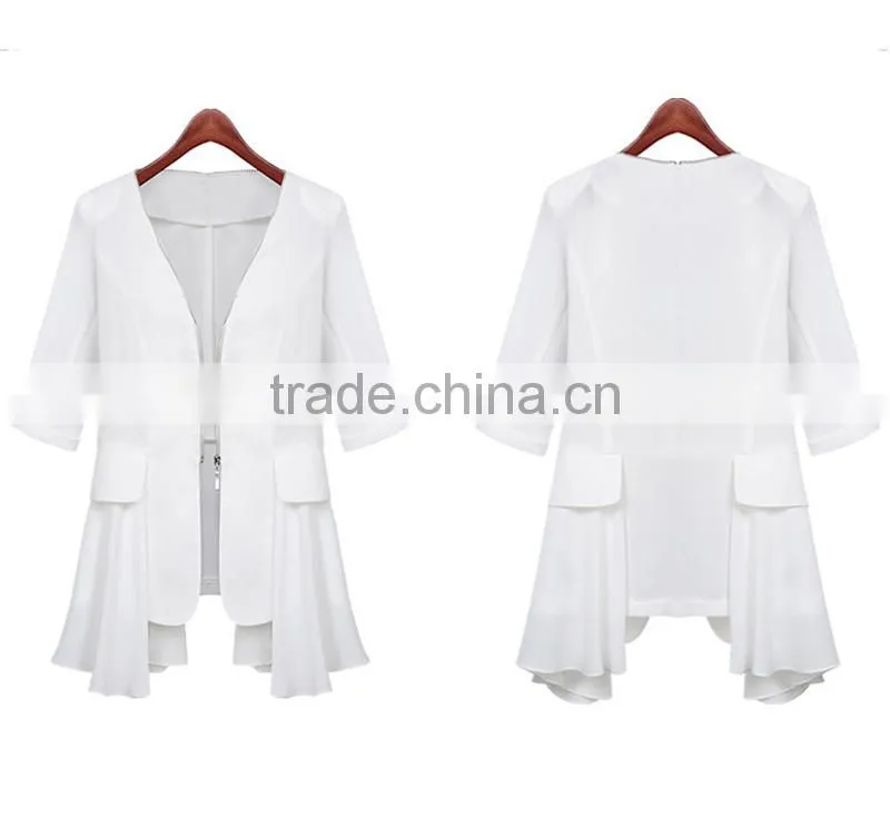 lady clothing garment manufacturer slim fit ruffle hem chiffon front zipper women autumn jacket 2015