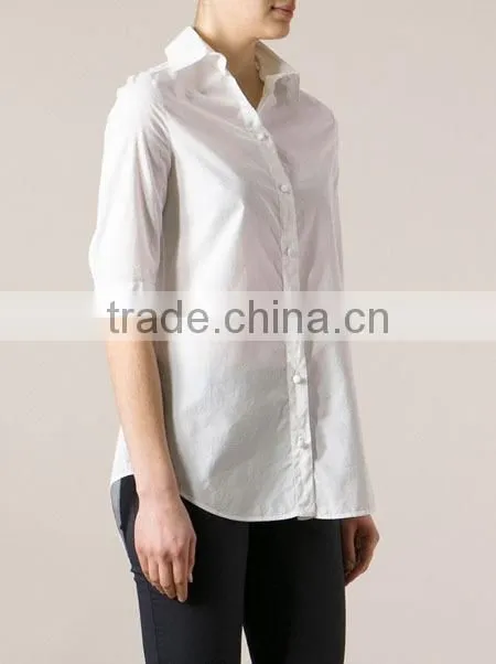 White Cropped Sleeve Design Cotton Office Lady Shirt