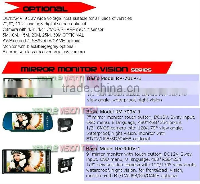 RV-701V Car Rear view monitor system with 7inch silver/blue glass monitor&night vision camera
