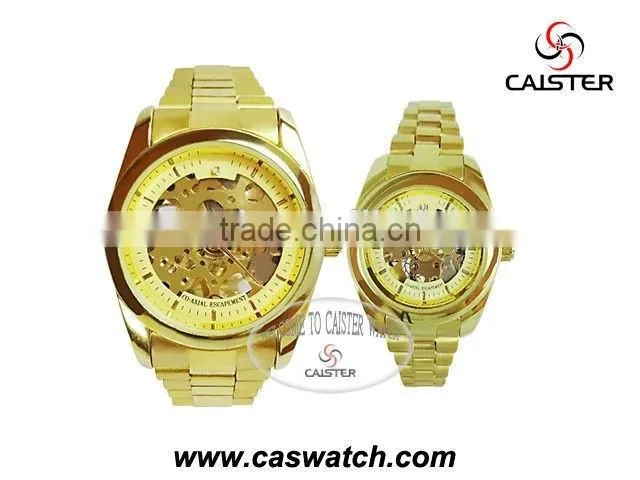 Cheap promotional products, gold skeleton couple watch, fashion mechanical skeleton watch,