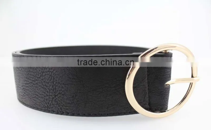 Women's fashion belt with black PU leather & Gold circle Buckle in chinese factory