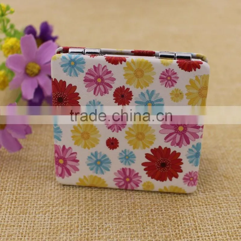 Custom mini PU leather mirror pocket/flowers pocket mirror/ cosmetic mirror for promotion gifts