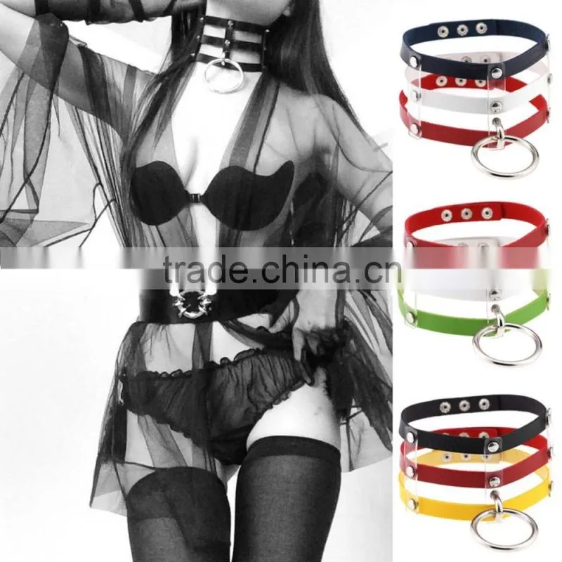Punk Goth Rivets Choker Handmade Three Row Caged Necklace black Leather Big O Round Choker Collar Necklace Fashion jewelry