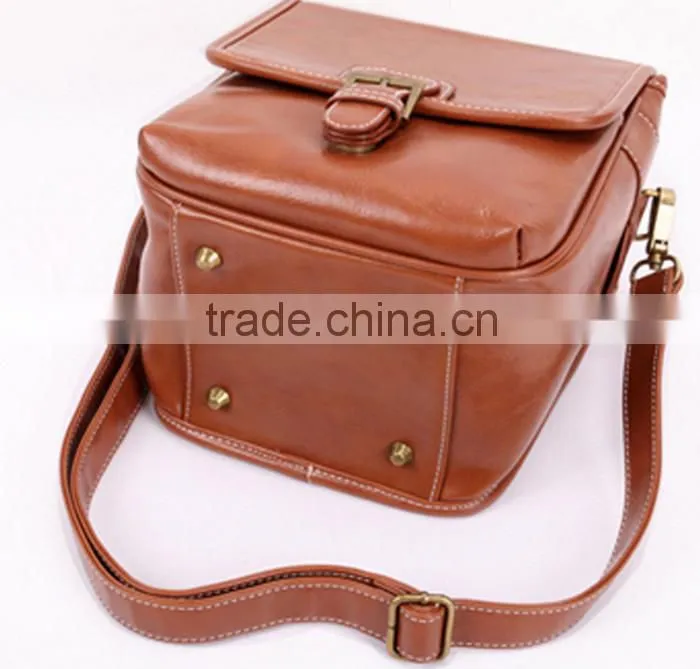 Factory price brown leather Camera Bag with strap in Dongguan