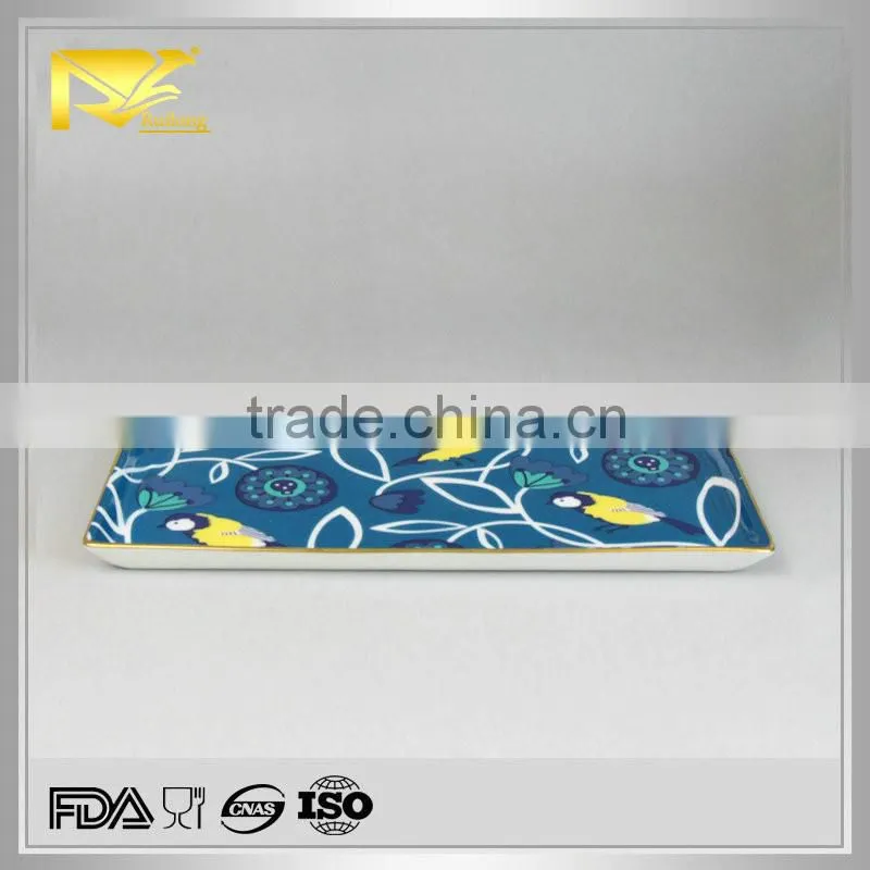 Tableware china supplier decal square plate, ceramic platter, blue plate
