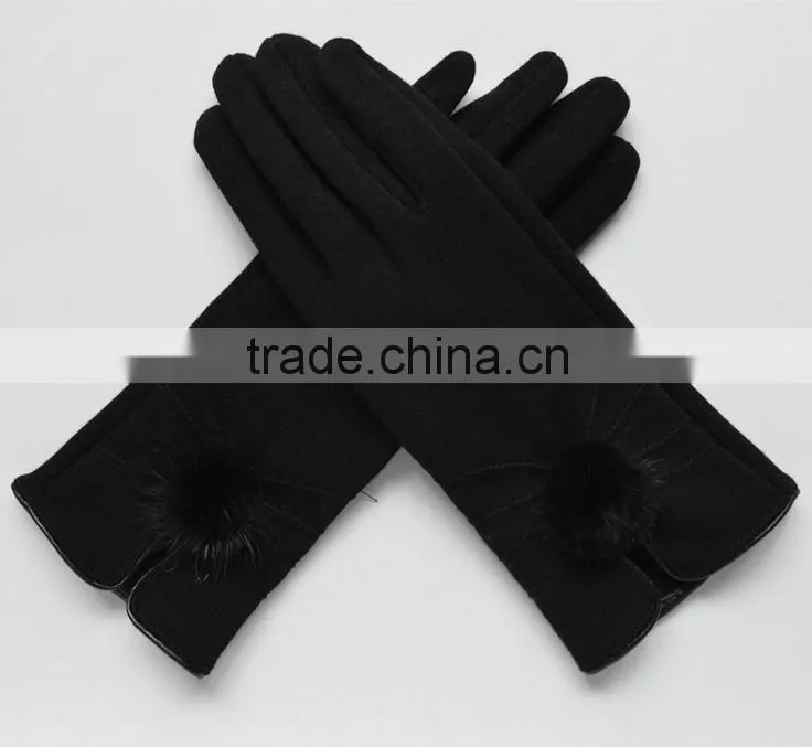 Wholesale Comfortable Winter Girls Rabbit Fur balls Cuff Thick Wool Gloves