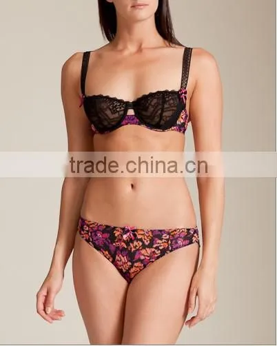 lace wide strap underlined women sexy bra panty set