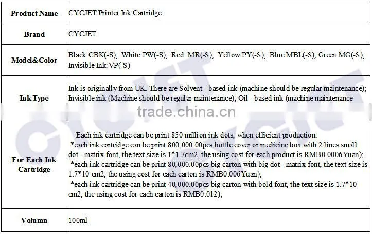 EBS250 Printer Ink Cartridge/CYCJET Printer Ink Cartridge Black Color