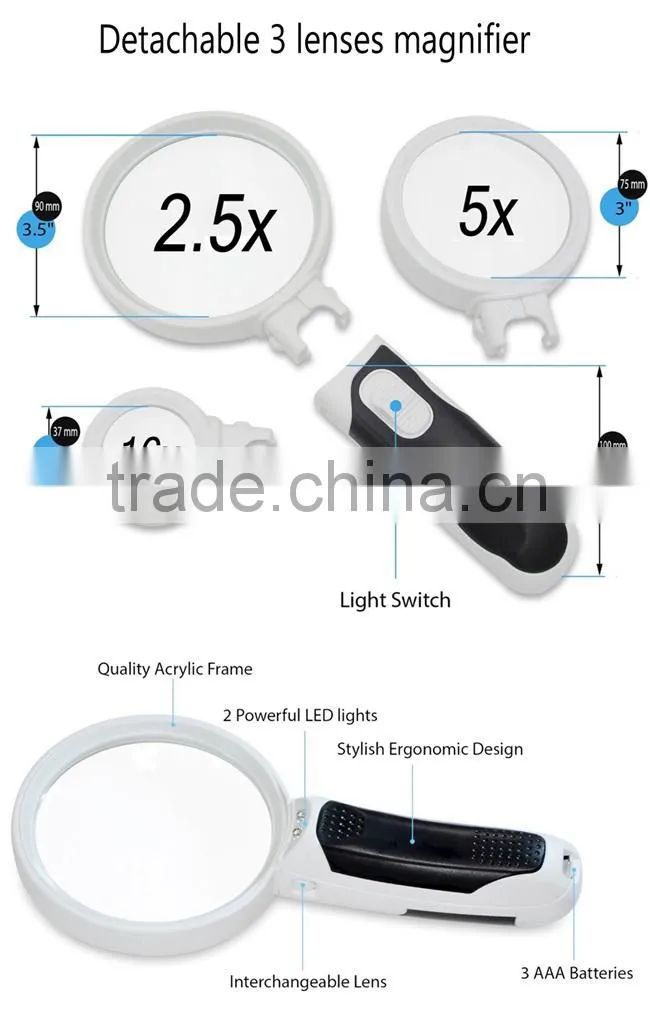 BIJIA Handheld LED Magnifier Set with 3 Detachable Glass Lenses