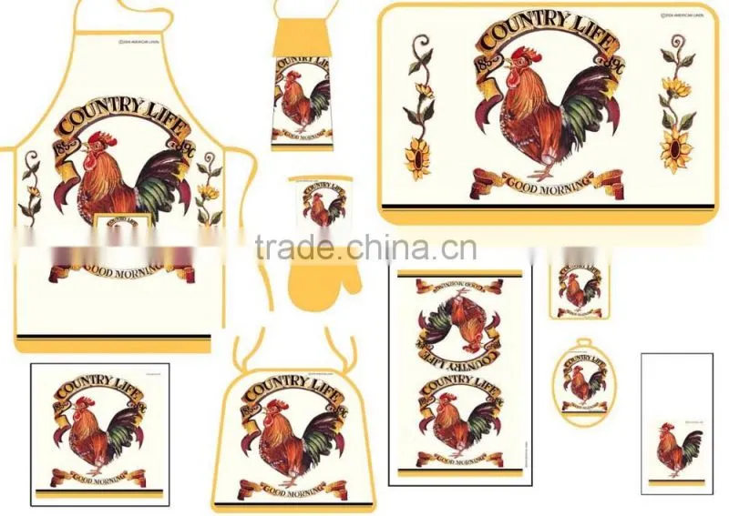 printed cotton kitchen apron set pot holder oven mitten apron set with rooster design