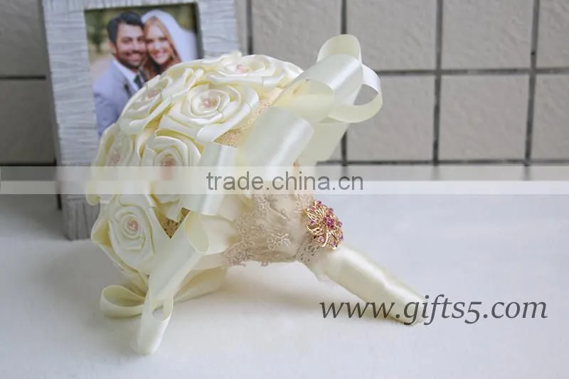 Lovely Satin Roses bridal / bridesmaid bouquets with lovely pink beads and brooch