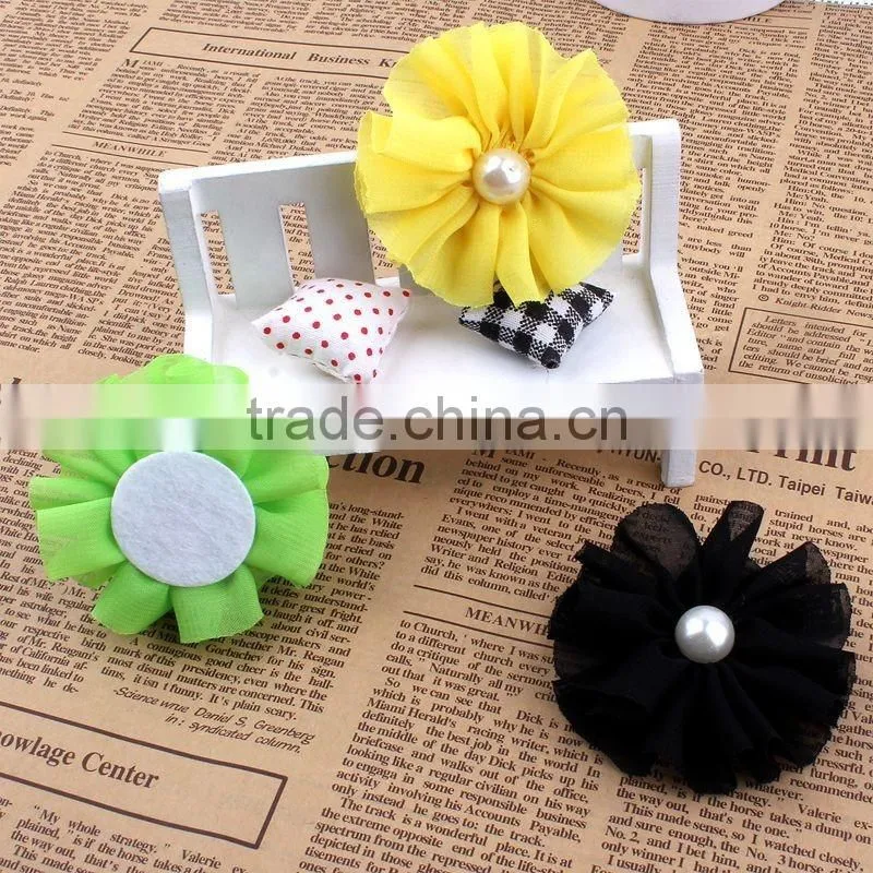 handmade chiffon flower with pearl beads center for kids hair accessories for baby girl