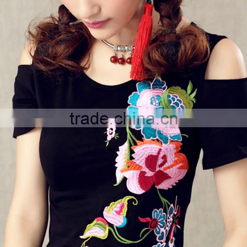 2016 Fashon lady embroidery pattern t shirts casual women t shirts cotton