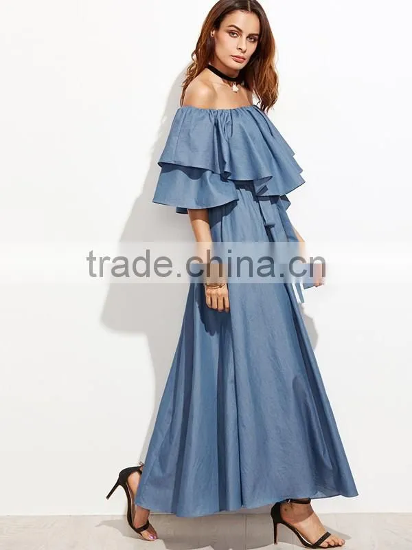 Ladies Ruffled Neck Off The Shoulder Short Sleeve Blue Color Tie Waist Long Maxi Denim Dress