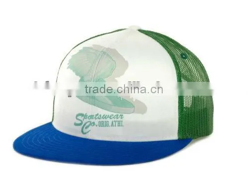High quality 6 panel custom mesh flat brim screen printed trucker hats