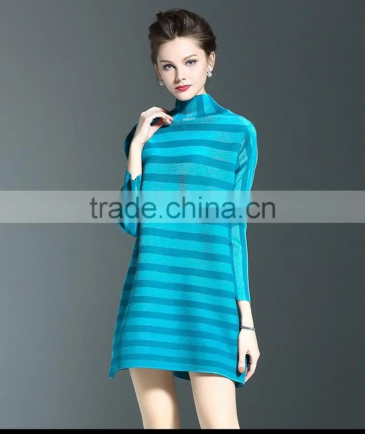 Spring models lady casual clothing stripped turtleneck crinkled dress
