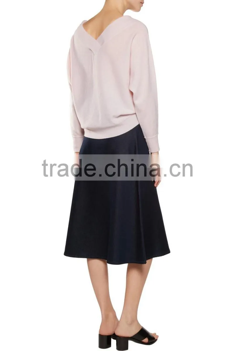 High Quality 100% Cashmere Ladies Slips On V-Neck Sweater with Ribbed Trims