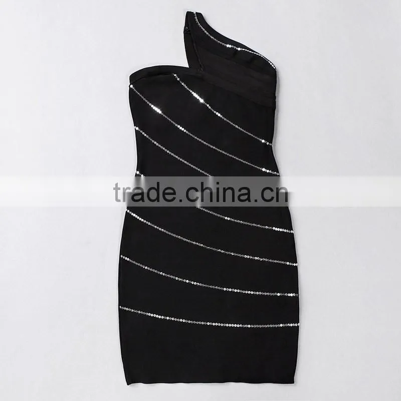 New Designer One Piece Sexy Flash Stripes Black One-shoulder Party Dress