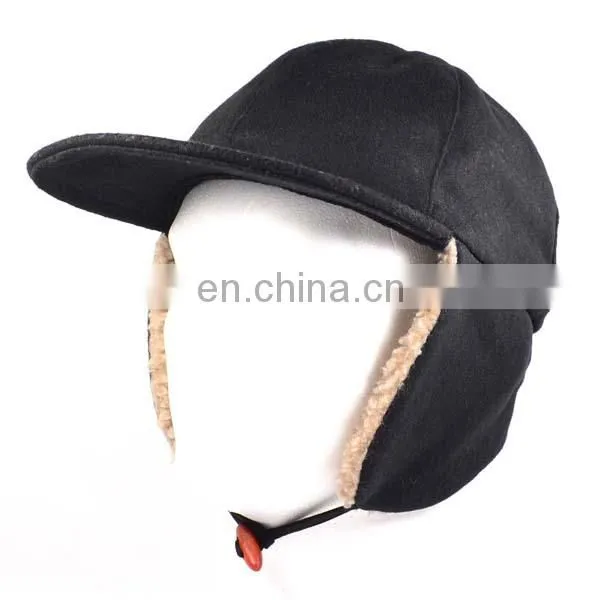 Custom Flat Brim Baseball Cap With Ear Flaps Fashion Men Black Snow Cap