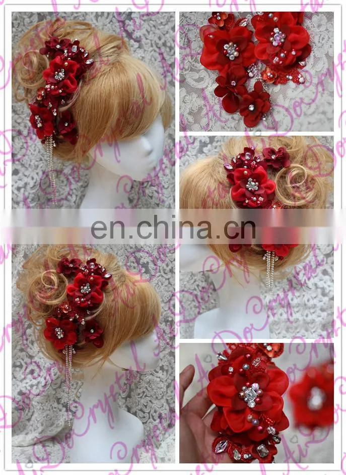 Aidocrystal red gradient gem combs the bride lace flannelette handmade hair accessories