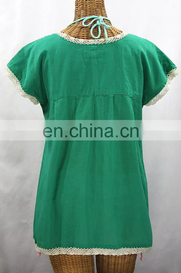 Green Cotton Women's Maxican Handcrafted Multi Color Embroidered Kaftan Party Wear Short Dress