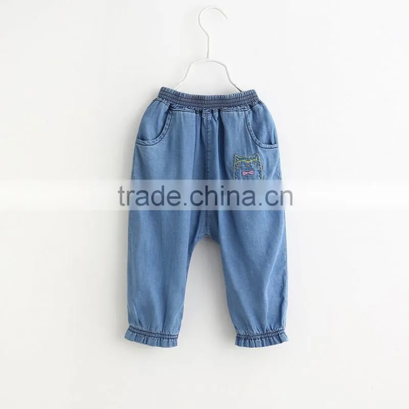 Girls Jeans 2016 Spring New Style Haroun Pants Kitten Embroider Closed Foot Trousers Kids Pants