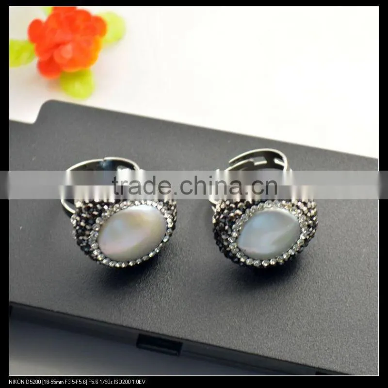 LFD-0011R ~ Charm Jewelry Rhodium Plated 23mm Natural Pearl Rings, Crystal Rhinestone Paved Druzy Pearl Finger Ring