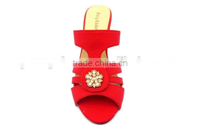latest high heel PU leather wood heel office lady slipper with golden button